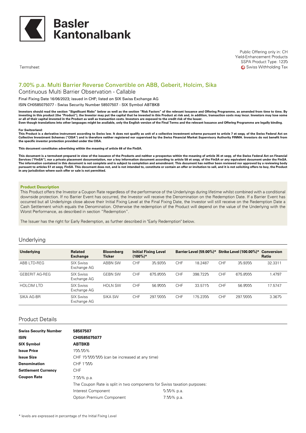 7.00% P.A. Multi Barrier Reverse Convertible on ABB, Geberit