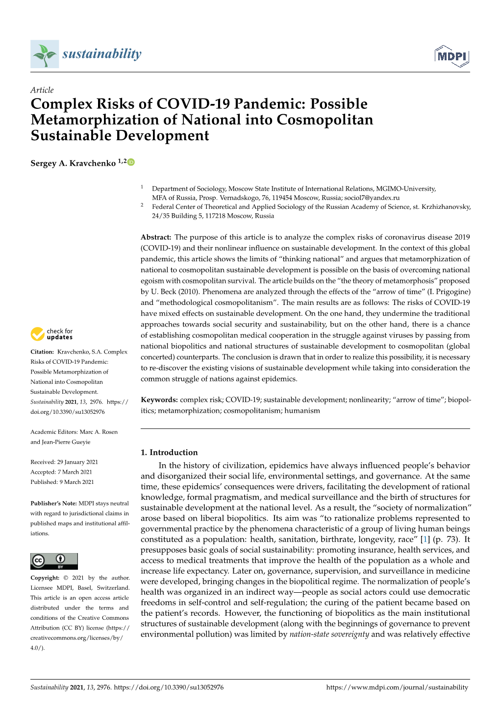 Complex Risks of COVID-19 Pandemic: Possible Metamorphization of National Into Cosmopolitan Sustainable Development