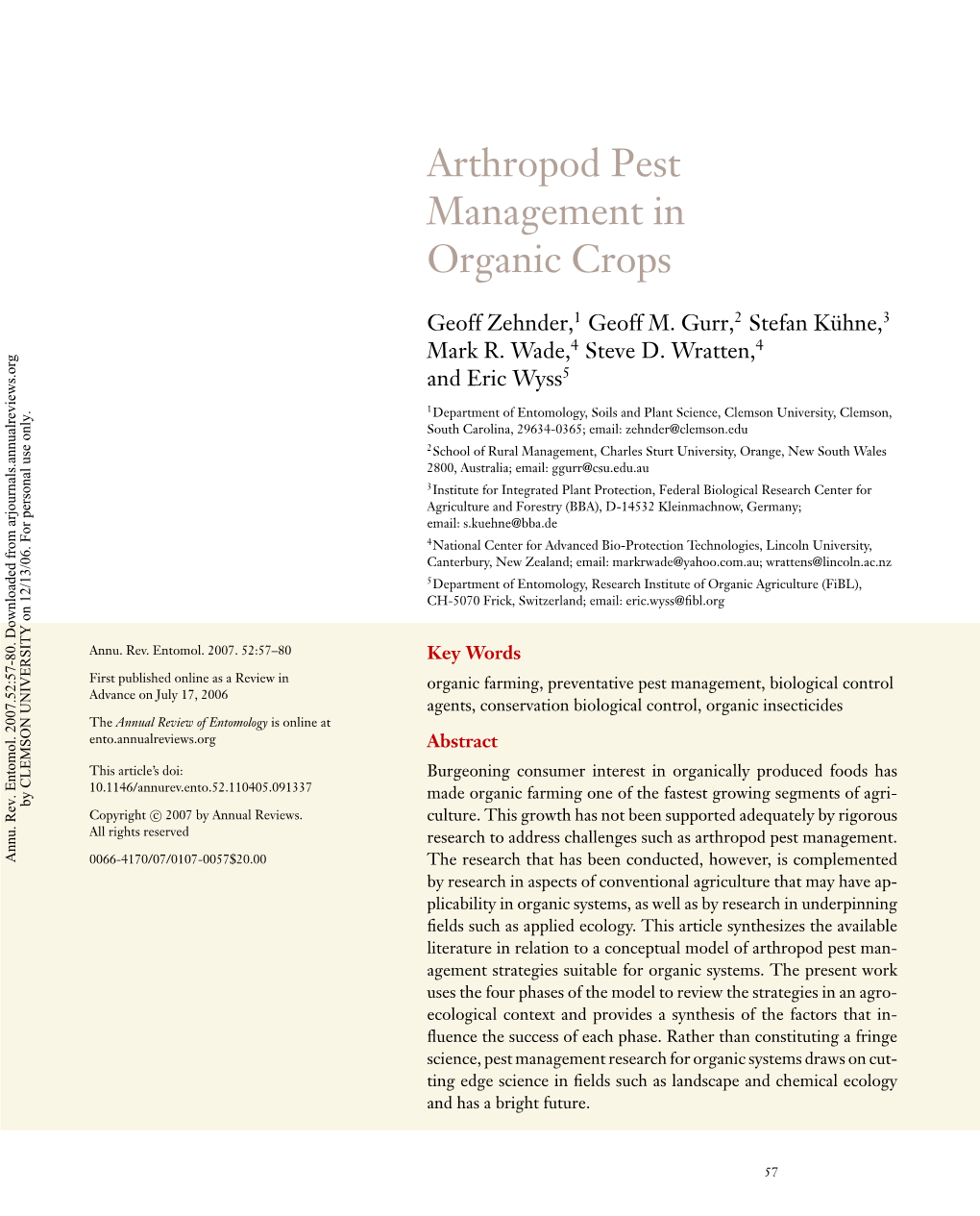 Arthropod Pest Management in Organic Crops