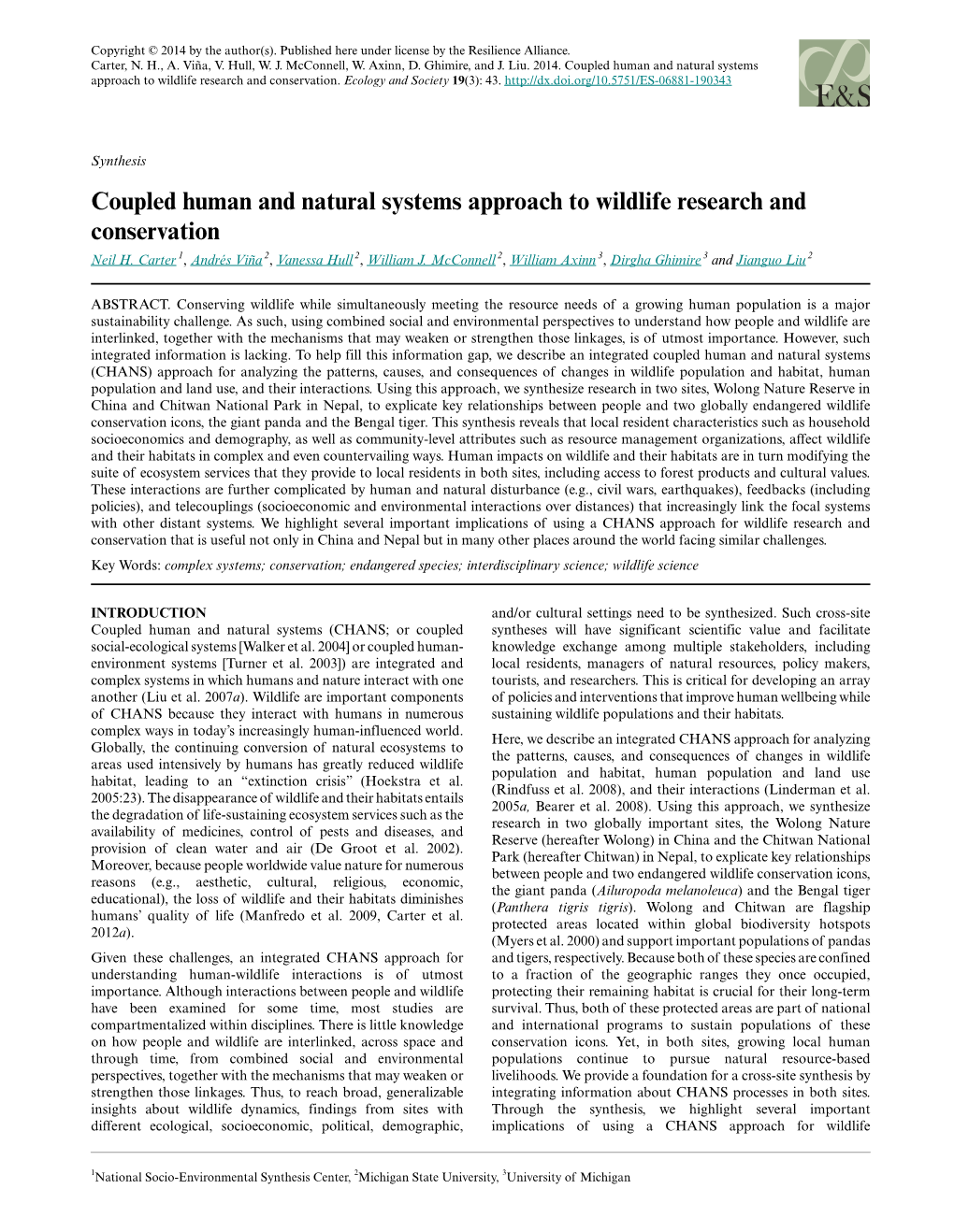 Coupled Human and Natural Systems Approach to Wildlife Research and Conservation