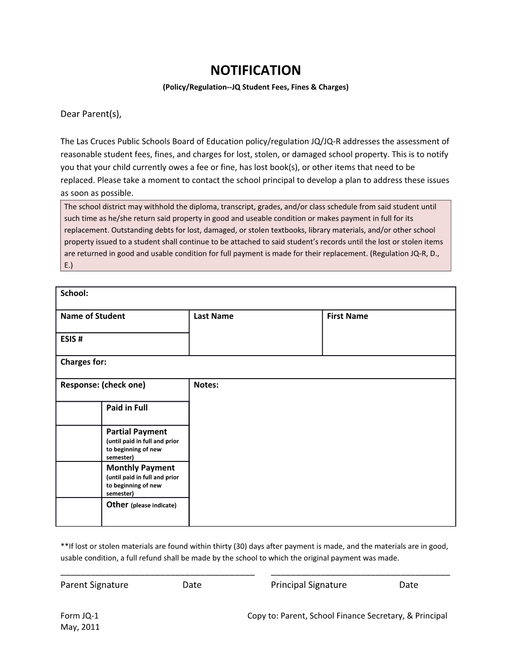 Policy/Regulation JQ Student Fees, Fines & Charges