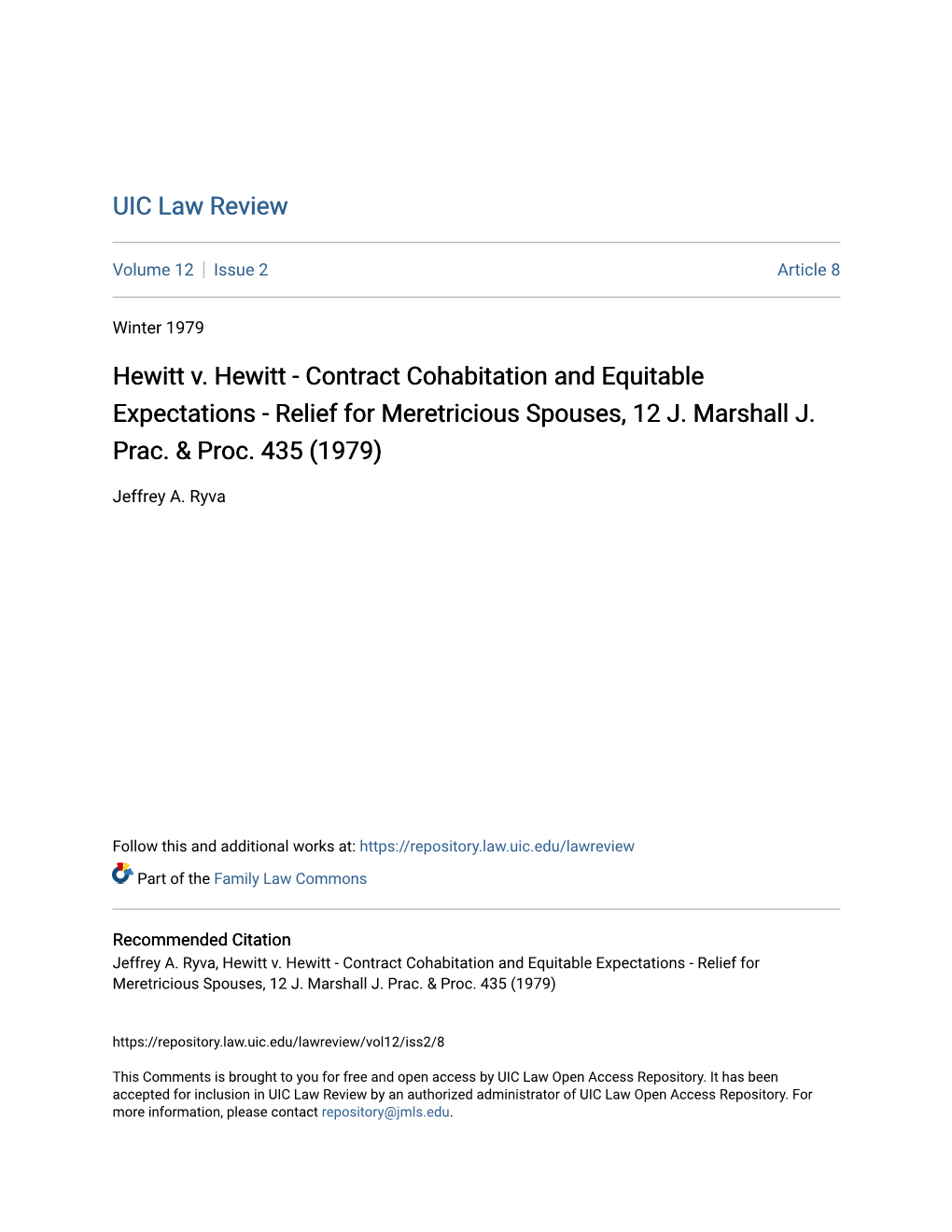 Relief for Meretricious Spouses, 12 J. Marshall J. Prac. & Proc