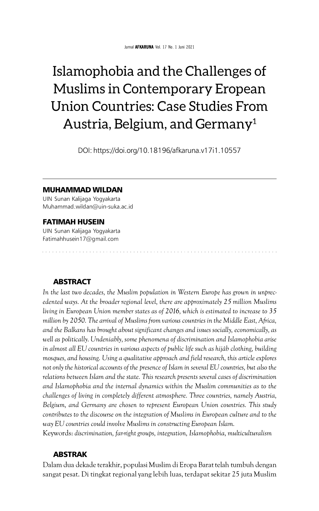 Islamophobia and the Challenges of Muslims in Contemporary Eropean Union Countries: Case Studies from Austria, Belgium, and Germany1