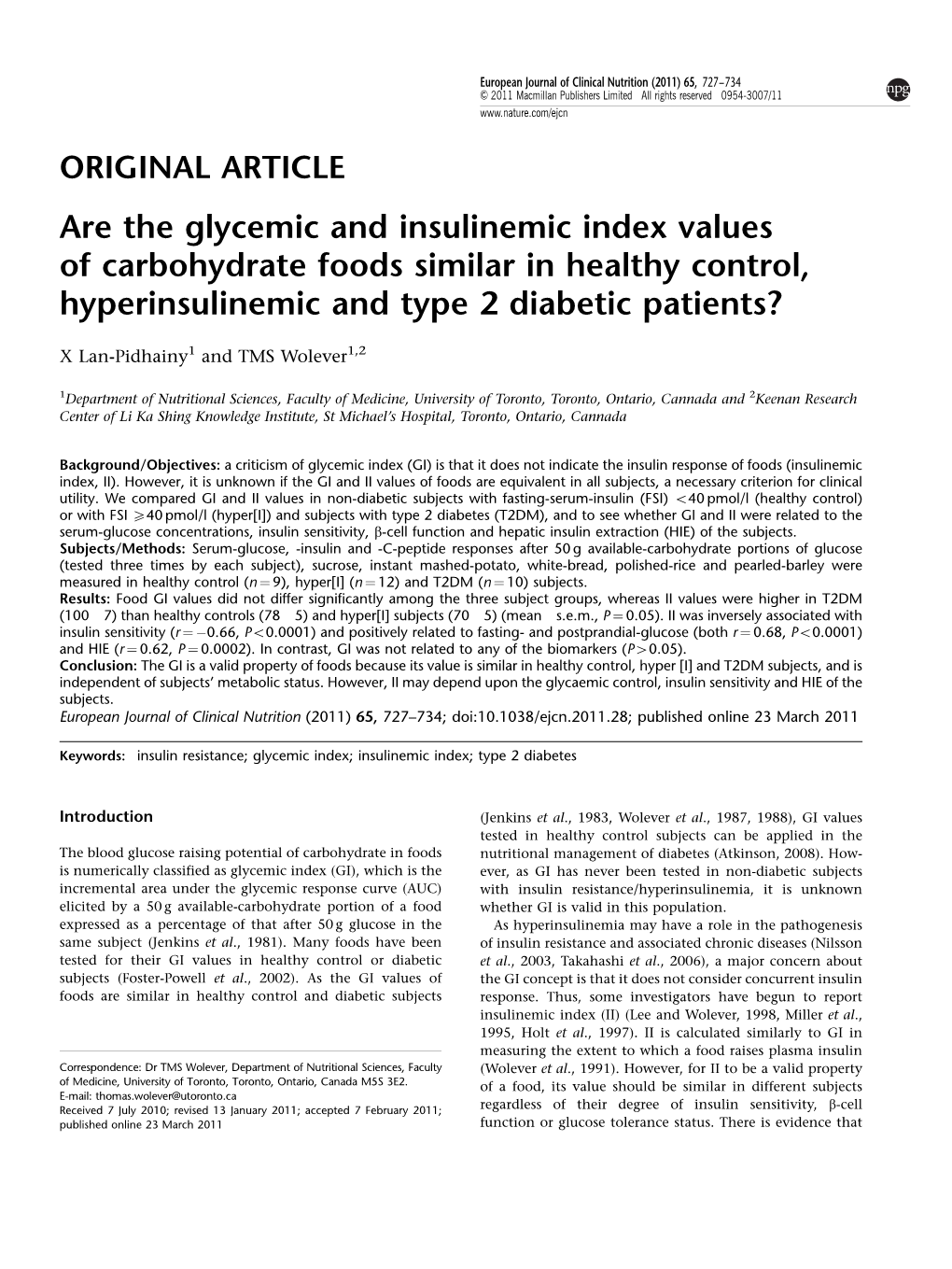 Are the Glycemic and Insulinemic Index Values of Carbohydrate Foods Similar in Healthy Control, Hyperinsulinemic and Type 2 Diabetic Patients?