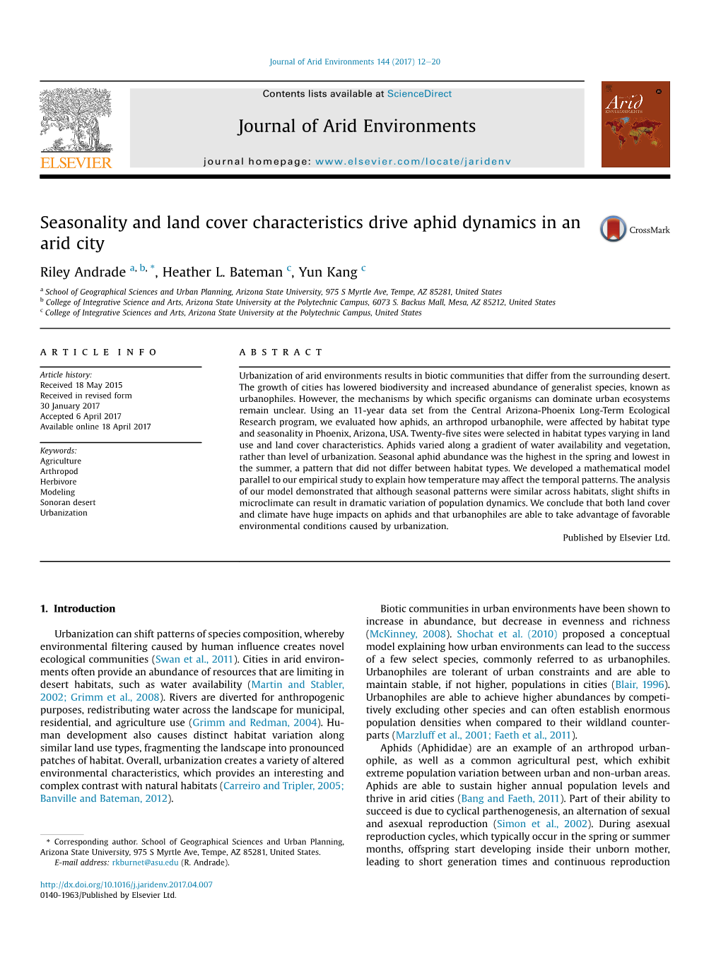 Seasonality and Land Cover Characteristics Drive Aphid Dynamics in an Arid City