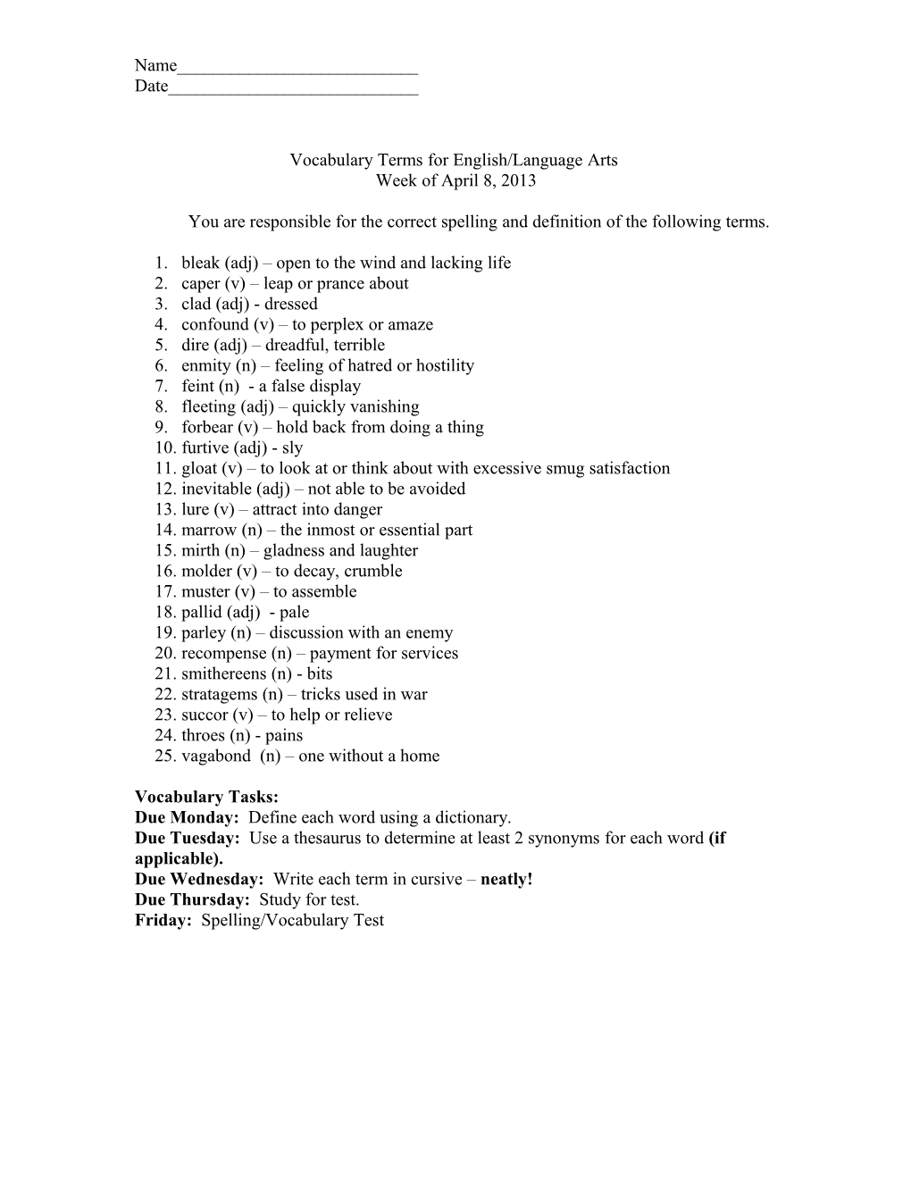 Vocabulary Terms for English/Language Arts and Social Studies s1