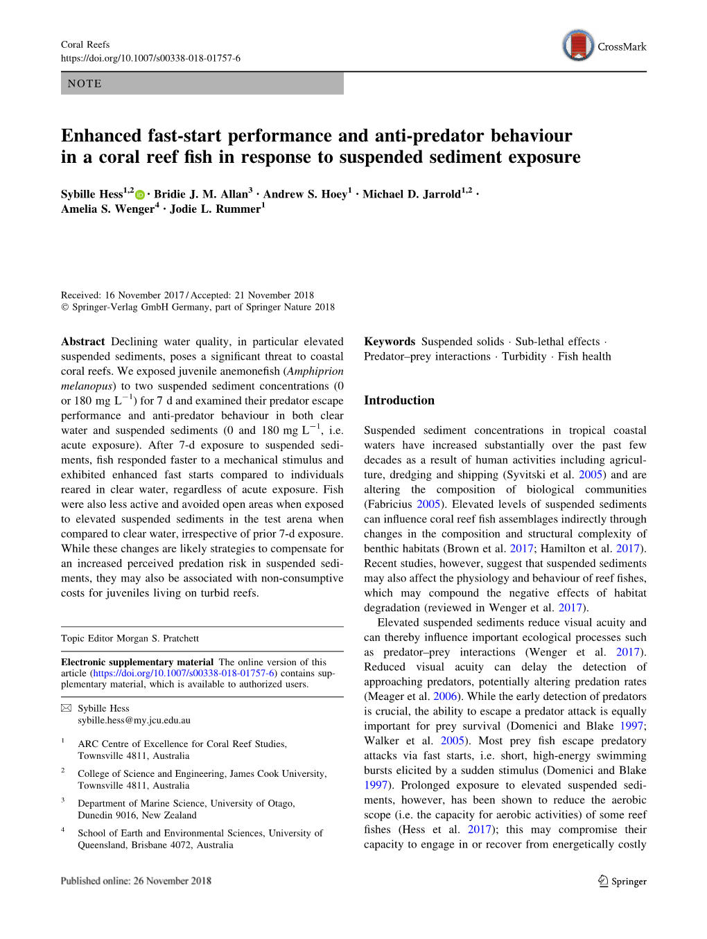 Enhanced Fast-Start Performance and Anti-Predator Behaviour in a Coral Reef ﬁsh in Response to Suspended Sediment Exposure