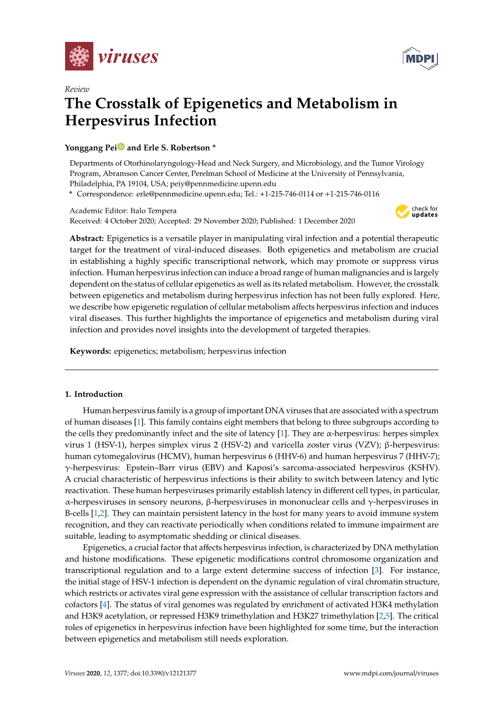 The Crosstalk of Epigenetics and Metabolism in Herpesvirus Infection