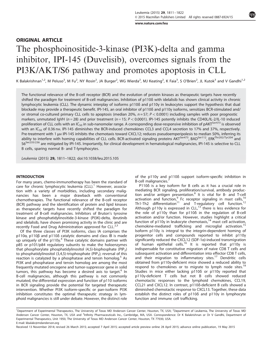 Duvelisib), Overcomes Signals from the PI3K/AKT/S6 Pathway and Promotes Apoptosis in CLL