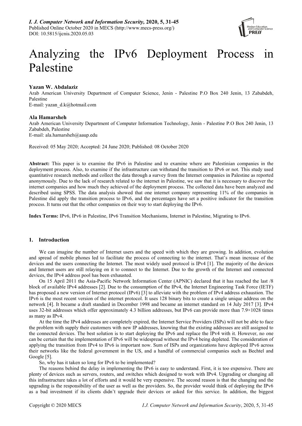 Analyzing the Ipv6 Deployment Process in Palestine