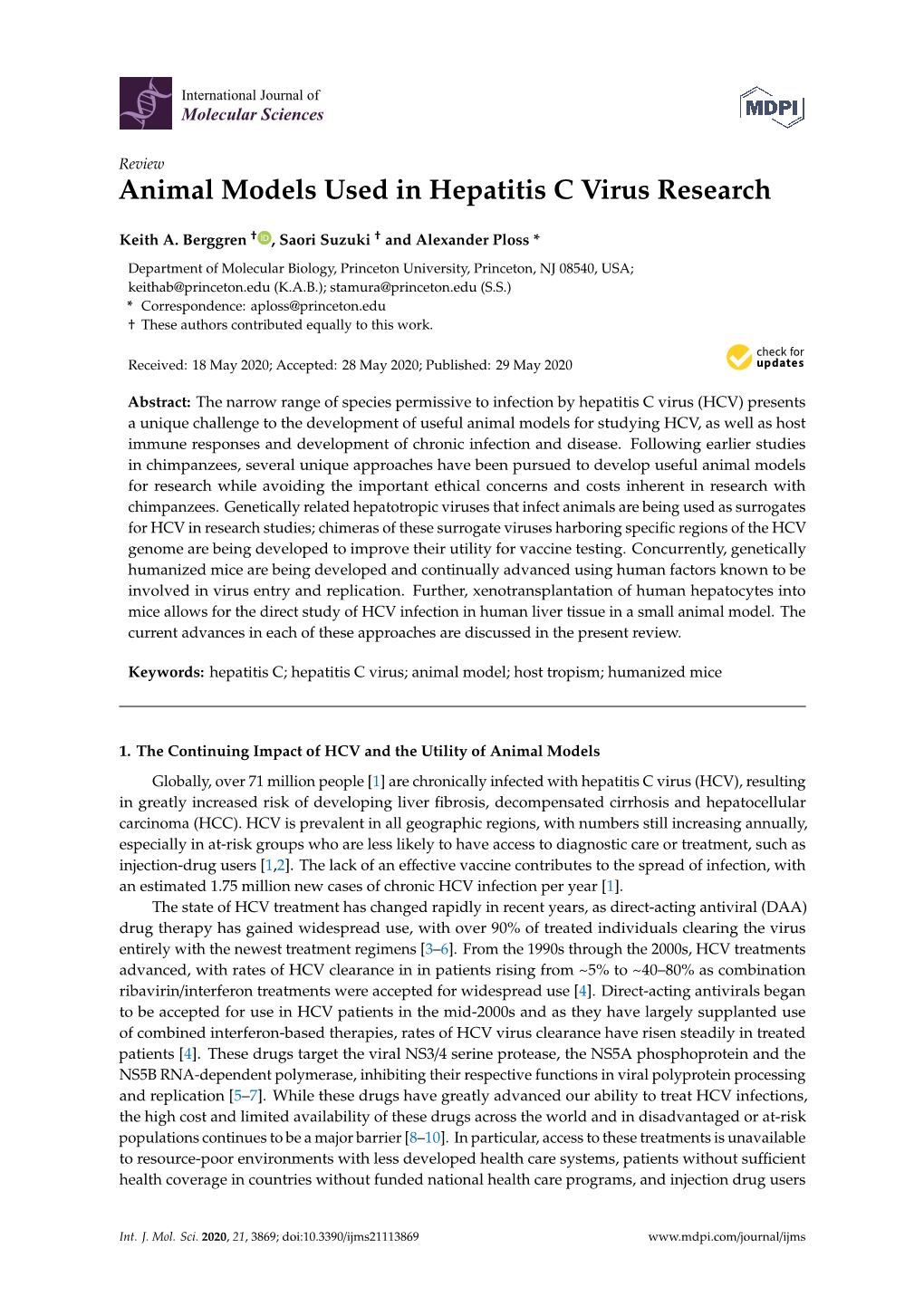 Animal Models Used in Hepatitis C Virus Research