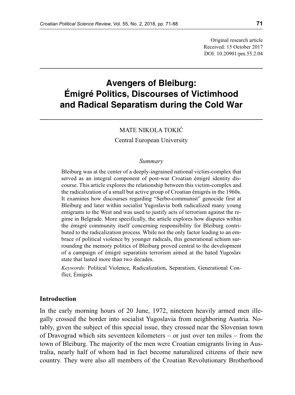 Avengers of Bleiburg: Émigré Politics, Discourses of Victimhood and Radical Separatism During the Cold War