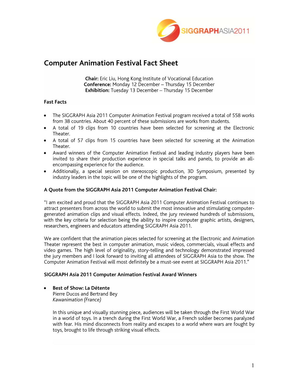 Computer Animation Festival Fact Sheet