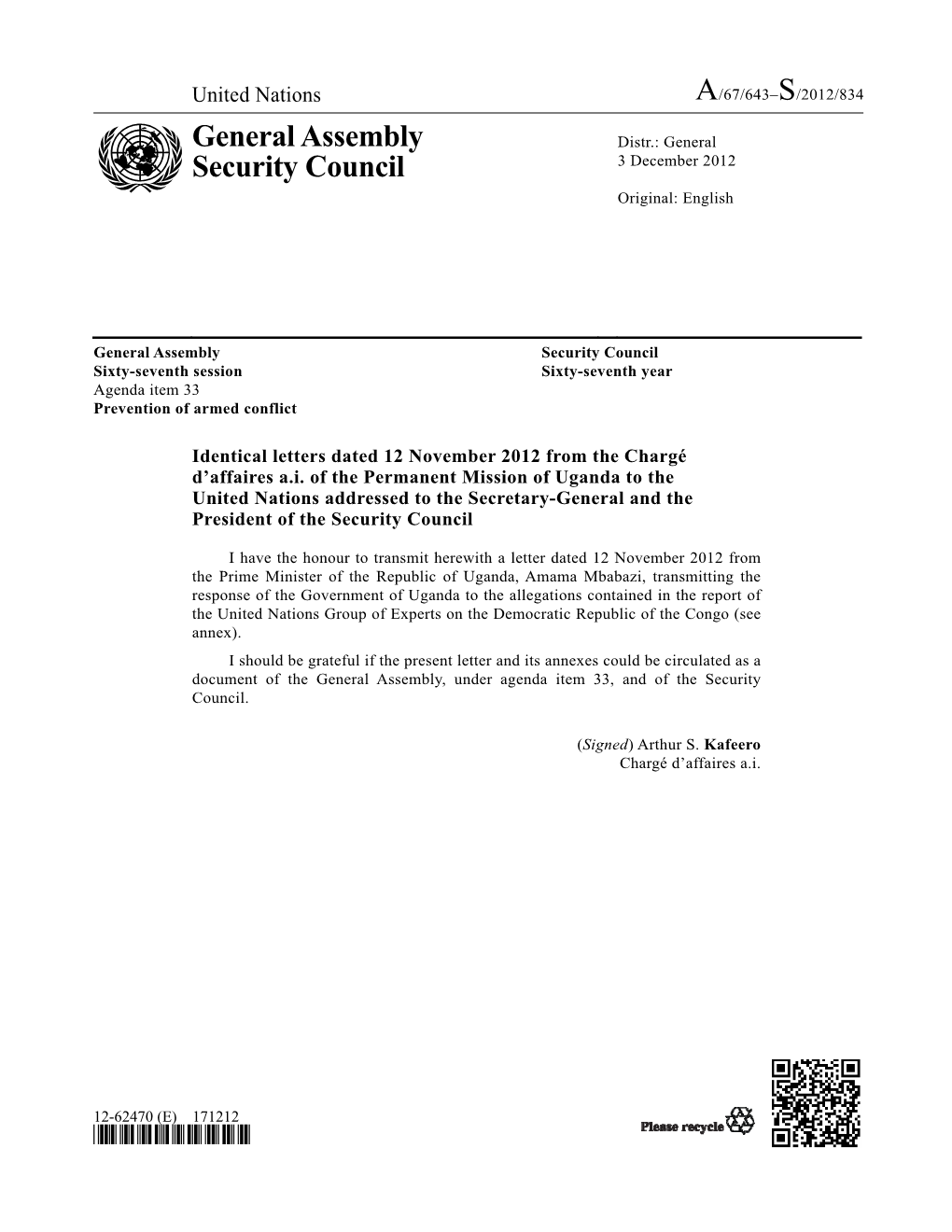 General Assembly Security Council Sixty-Seventh Session Sixty-Seventh Year Agenda Item 33 Prevention of Armed Conflict
