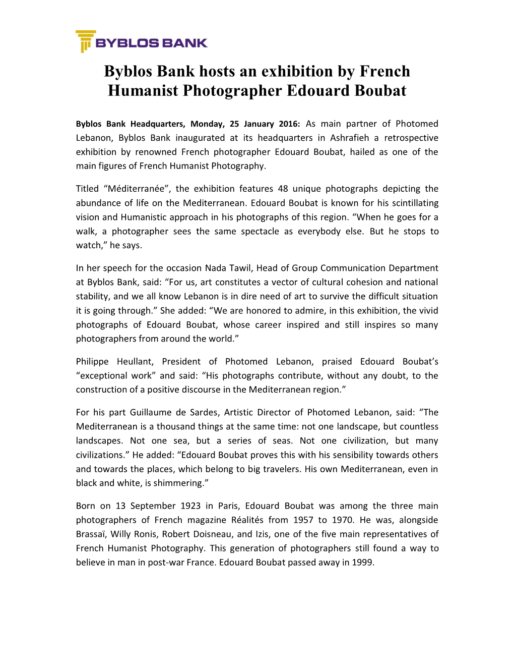 Byblos Bank Hosts an Exhibition by French Humanist Photographer Edouard Boubat