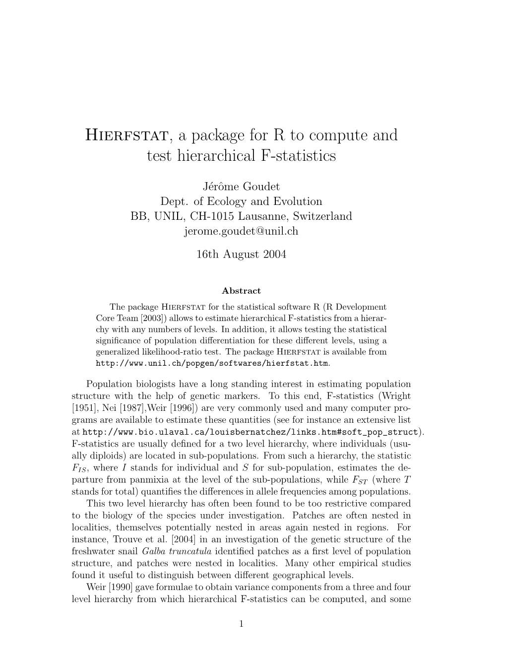 Hierfstat, a Package for R to Compute and Test Hierarchical F-Statistics