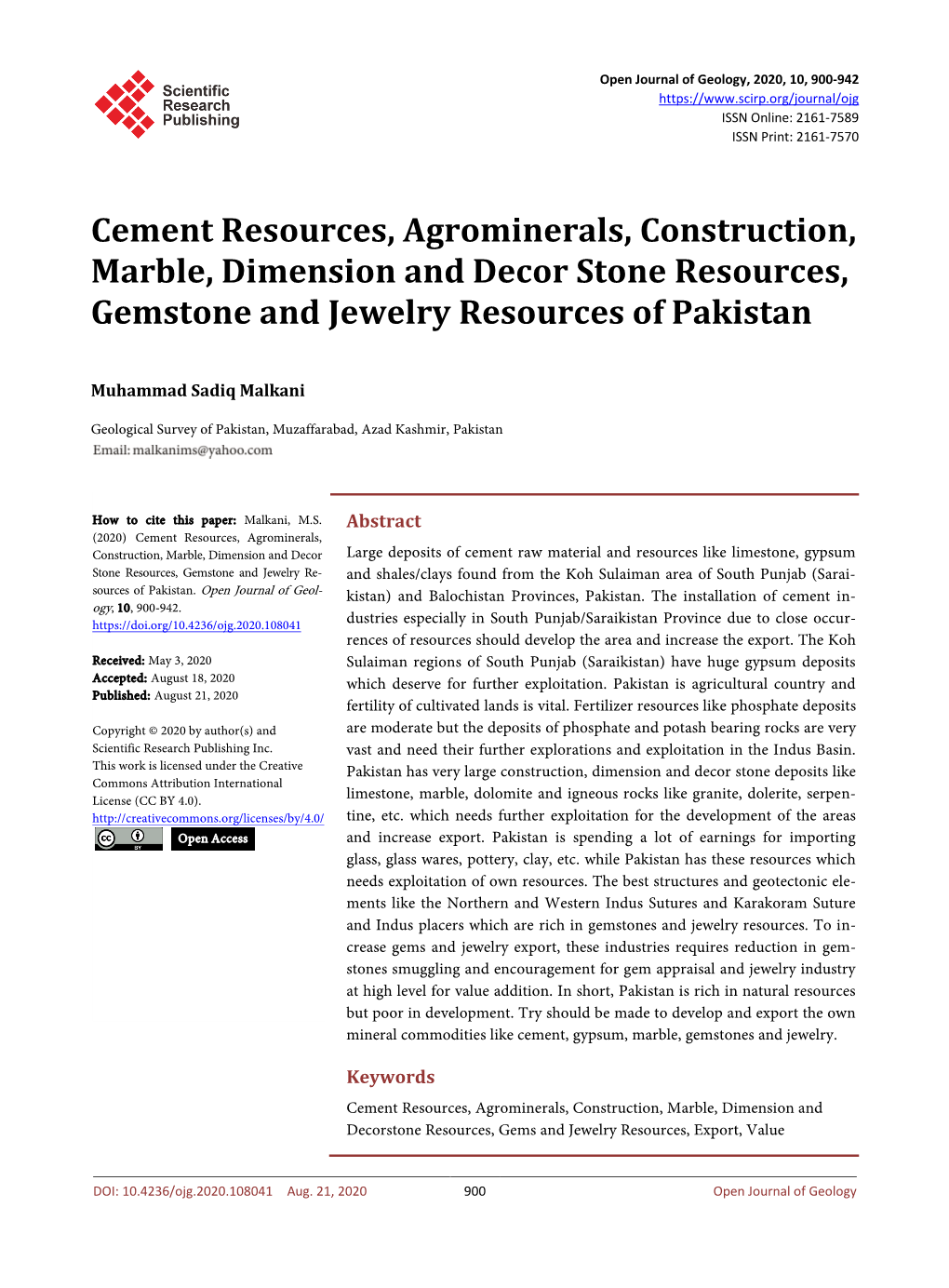 Cement Resources, Agrominerals, Construction, Marble, Dimension and Decor Stone Resources, Gemstone and Jewelry Resources of Pakistan