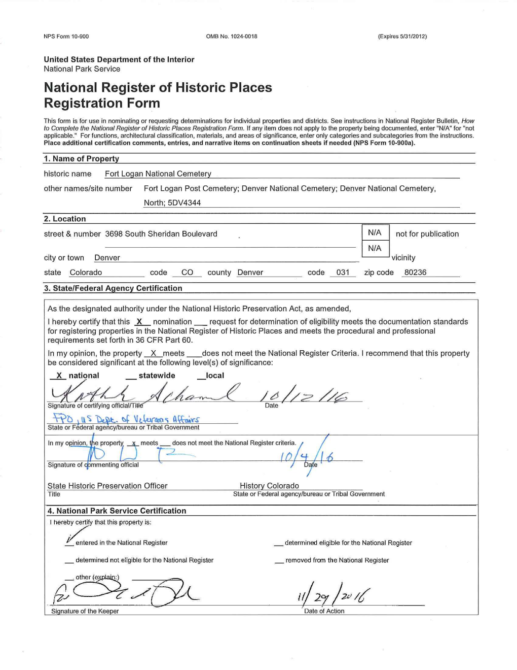 National Register of Historic Places Registration Form Fort Logan