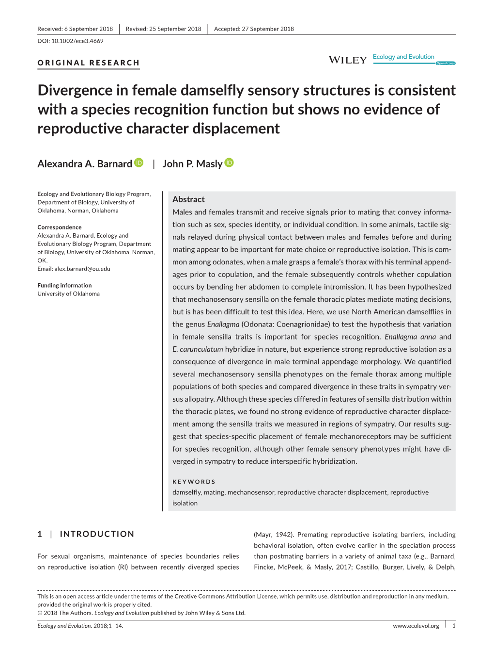 Divergence in Female Damselfly Sensory Structures Is Consistent with a Species Recognition Function but Shows No Evidence of Reproductive Character Displacement