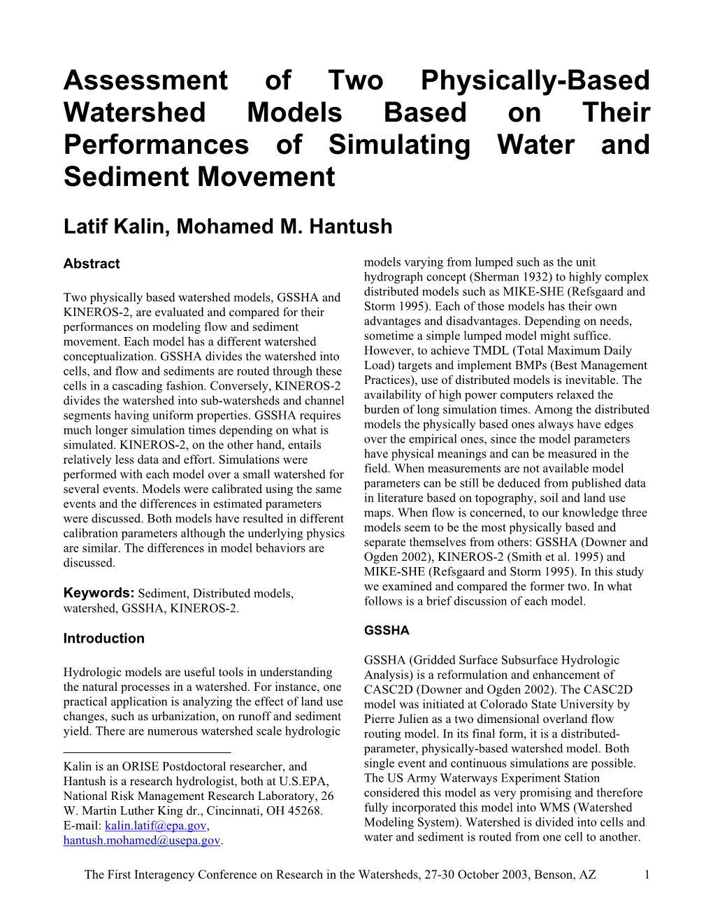 Assessment of Two Physically-Based Watershed Models Based on Their Performances of Simulating Water and Sediment Movement