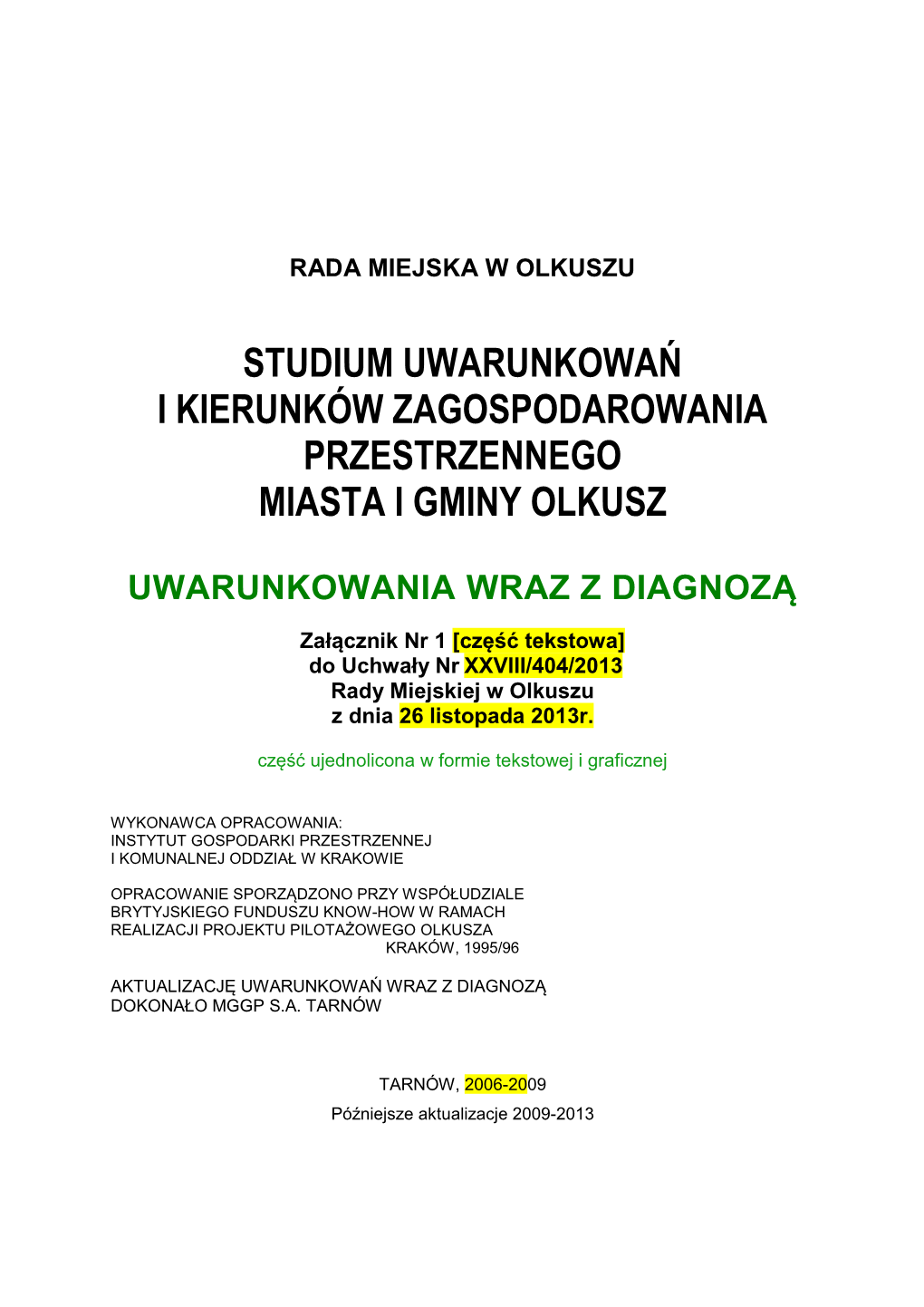 Studium Uwarunkowań I Kierunków Zagospodarowania Przestrzennego Miasta I Gminy Olkusz