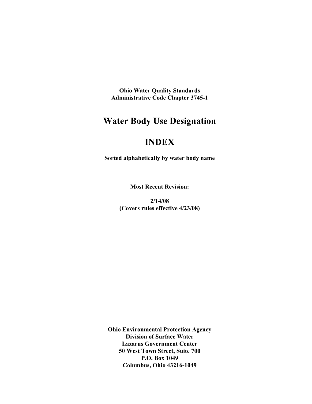 Water Body Use Designation INDEX