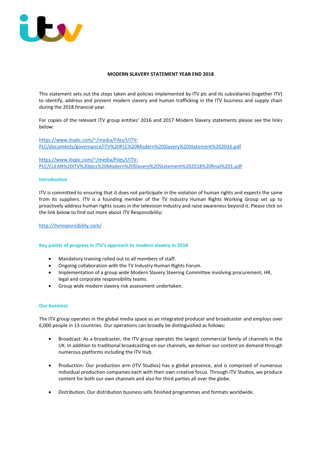 MODERN SLAVERY STATEMENT YEAR END 2018 This Statement Sets out the Steps Taken and Policies Implemented by ITV Plc and Its Subsi