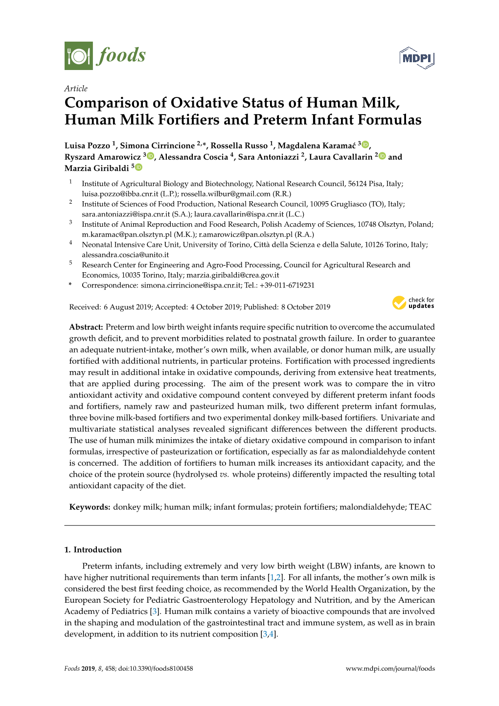 Comparison of Oxidative Status of Human Milk, Human Milk Fortifiers