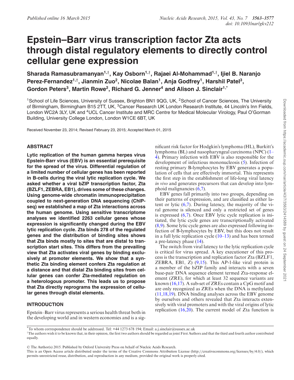 Epstein–Barr Virus Transcription Factor Zta Acts Through Distal Regulatory