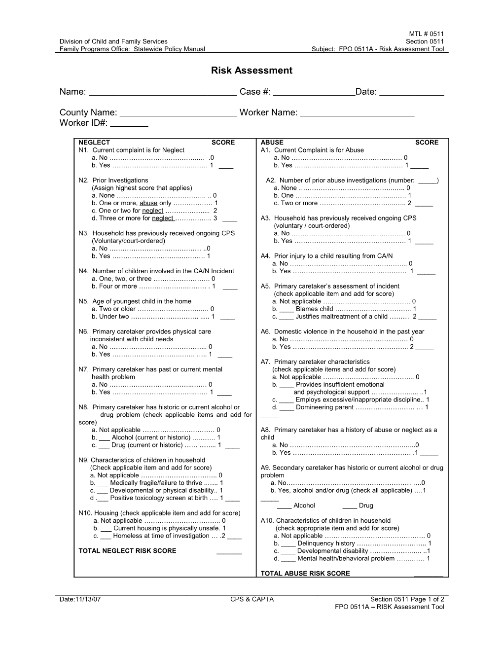 Neglect Score Abuse Score Scored Risk Level