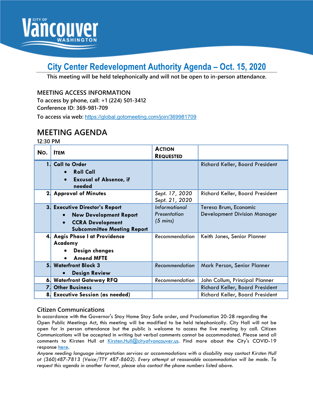 City Center Redevelopment Authority Agenda – Oct. 15, 2020 This Meeting Will Be Held Telephonically and Will Not Be Open to In-Person Attendance