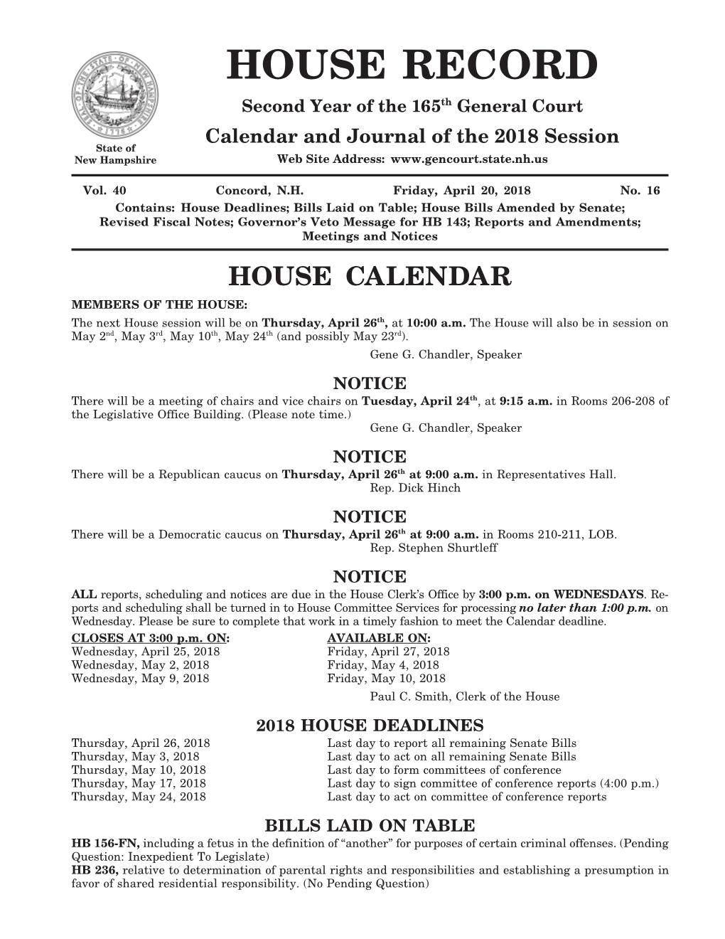 HOUSE RECORD Second Year of the 165Th General Court Calendar and Journal of the 2018 Session State of New Hampshire Web Site Address