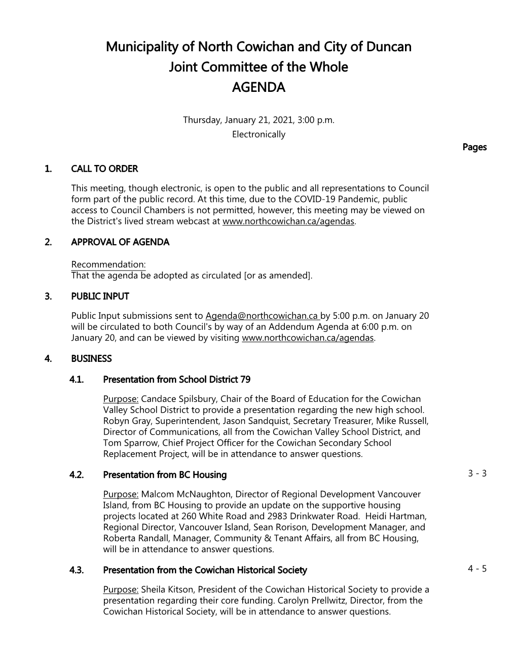 Municipality of North Cowichan Committee of the Whole Agenda