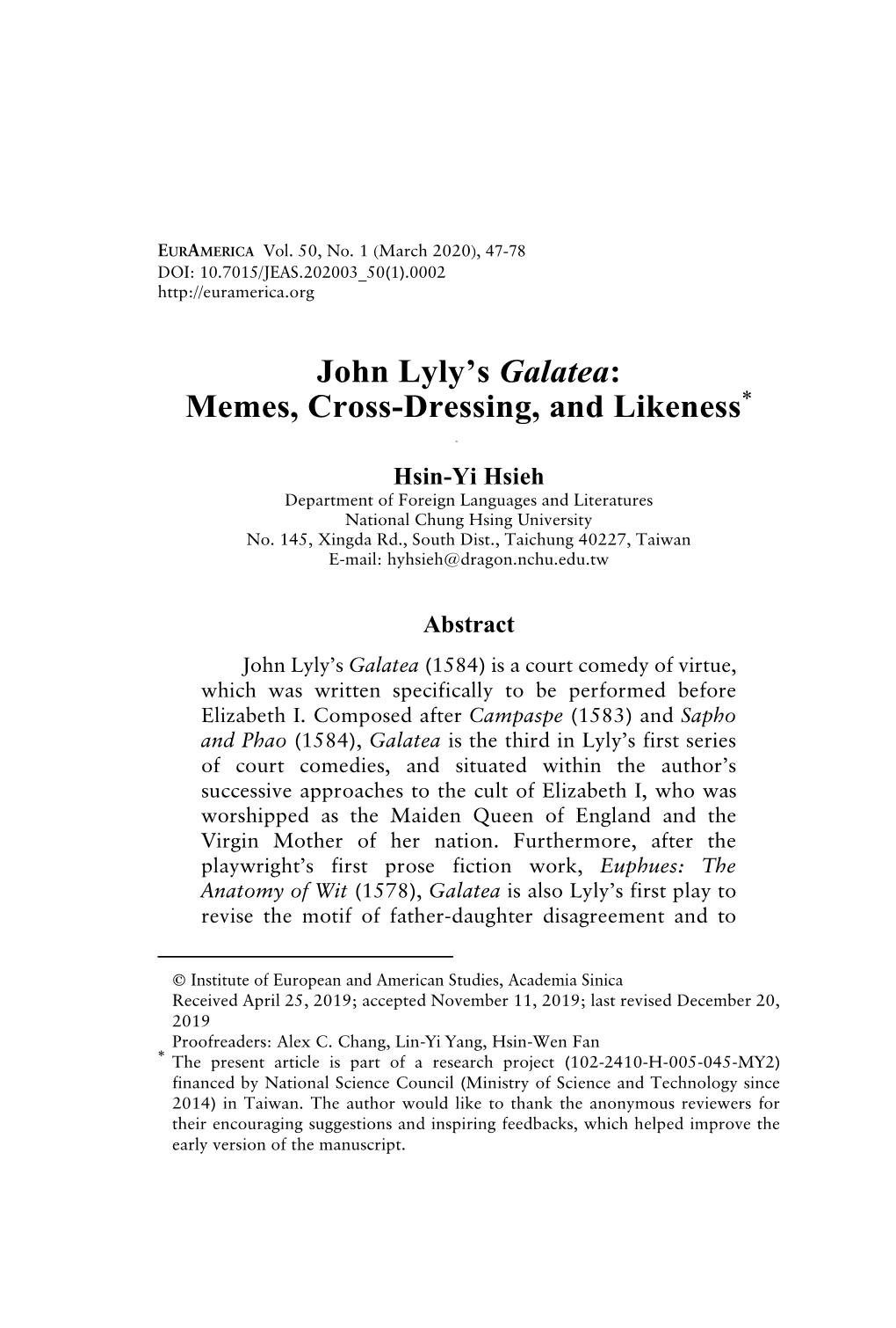 John Lyly's Galatea: Memes, Cross-Dressing, and Likeness