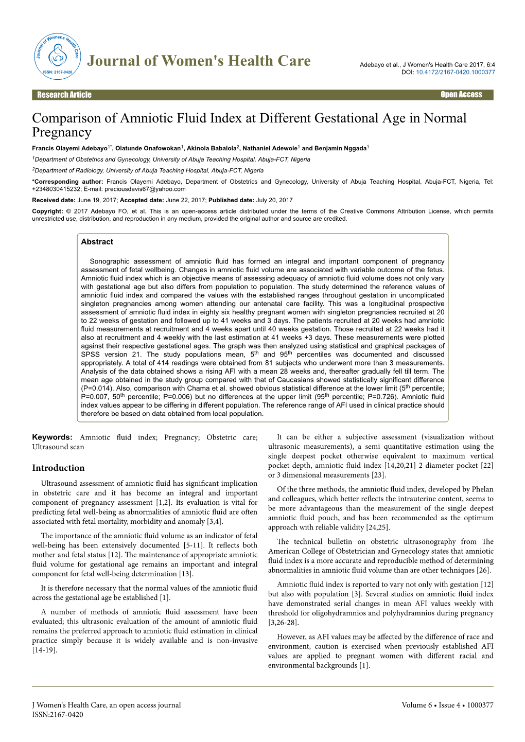Comparison of Amniotic Fluid Index at Different Gestational Age in Normal