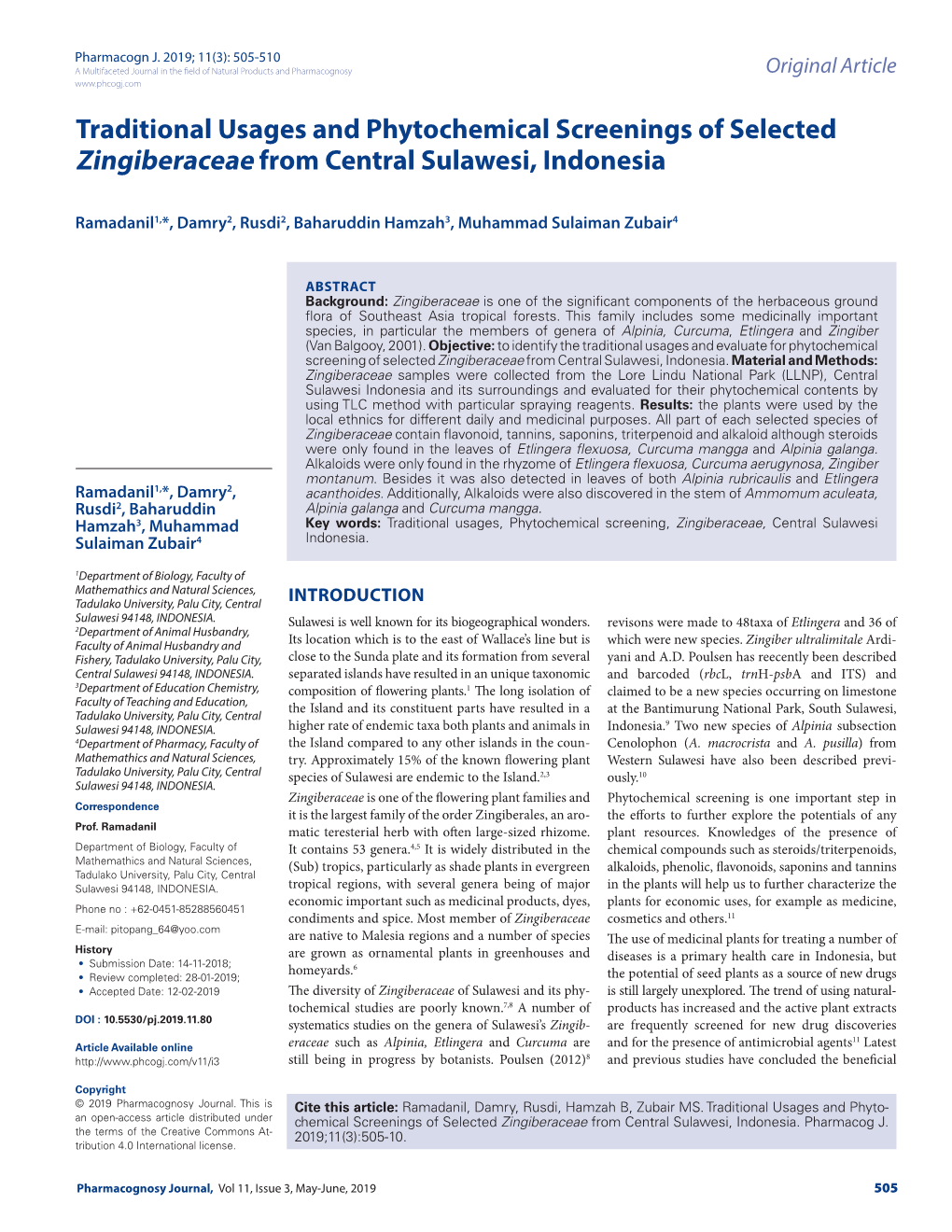 Traditional Usages and Phytochemical Screenings of Selected Zingiberaceae from Central Sulawesi, Indonesia