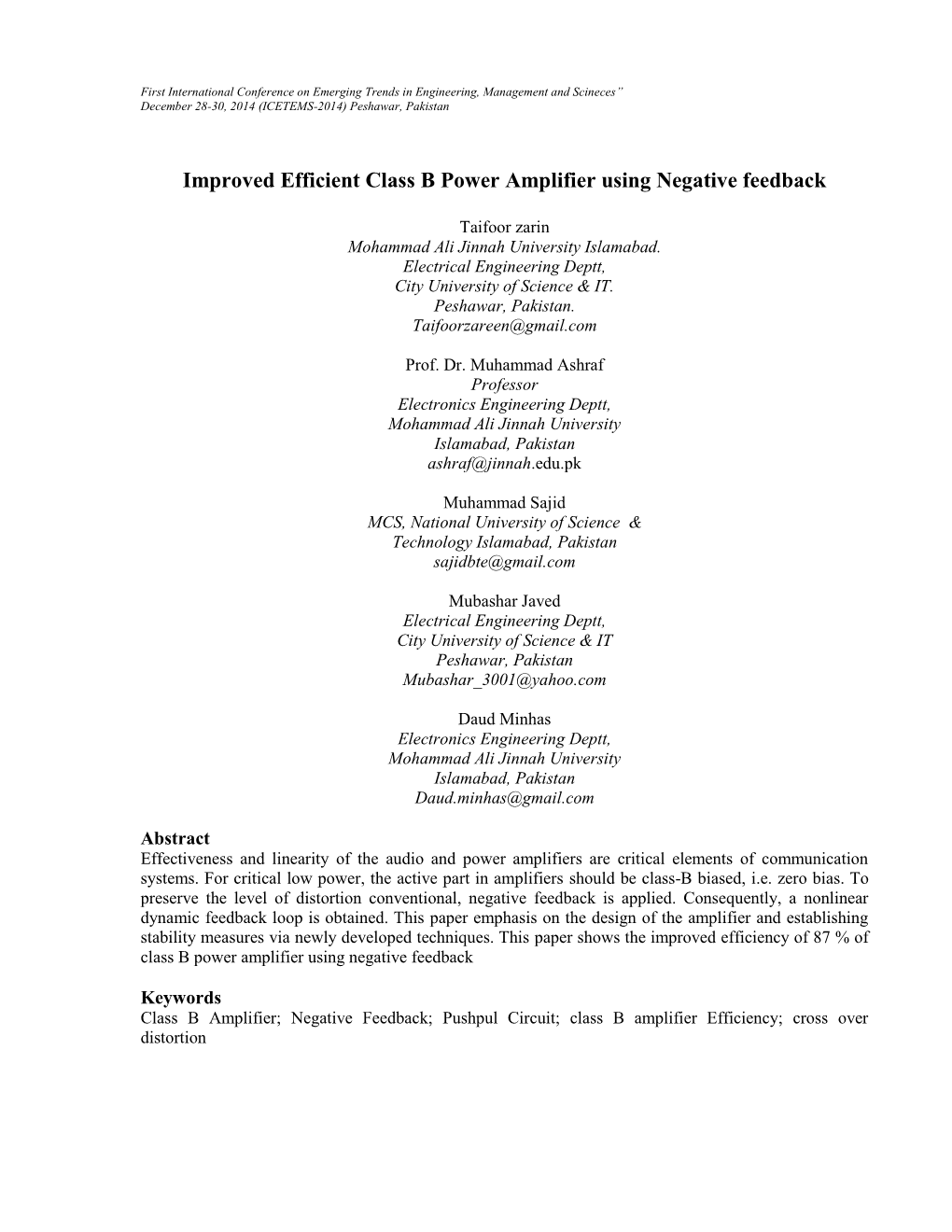 Improved Efficient Class B Power Amplifier Using Negative Feedback