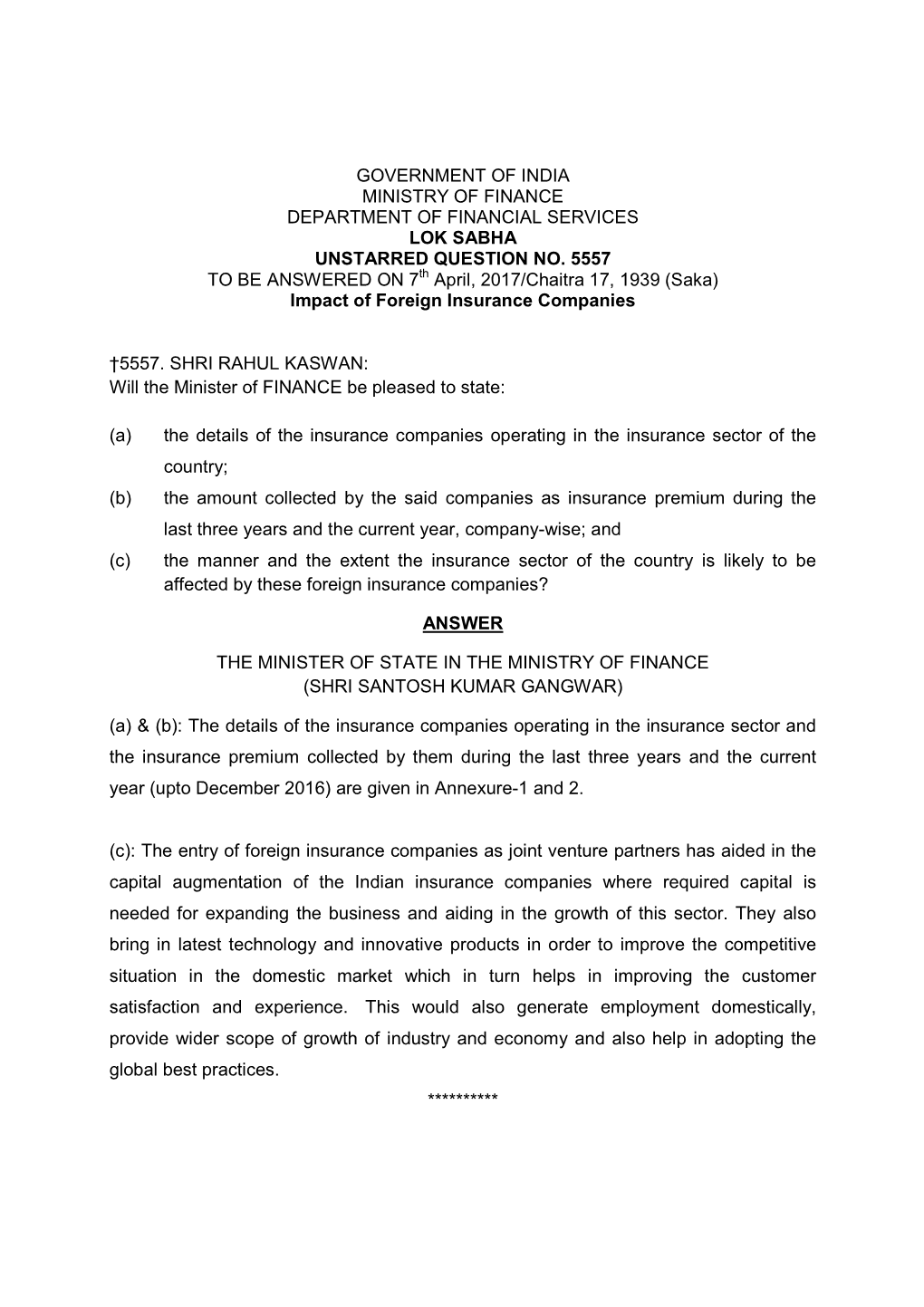 Government of India Ministry of Finance Department of Financial Services Lok Sabha Unstarred Question No