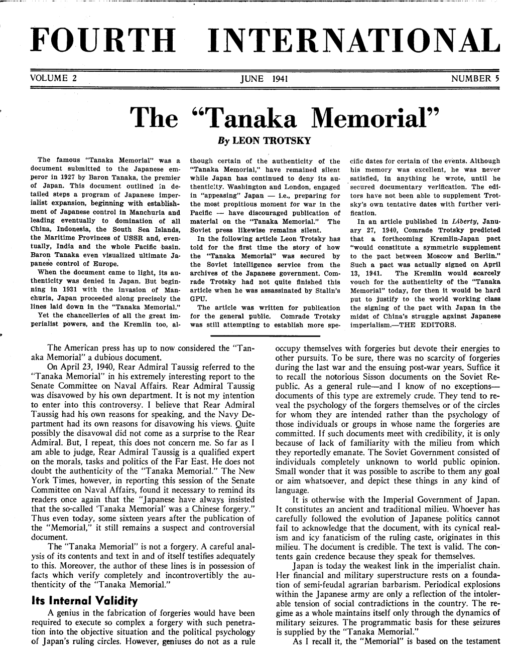 Trotsky on the Tanaka Memorial June 1941