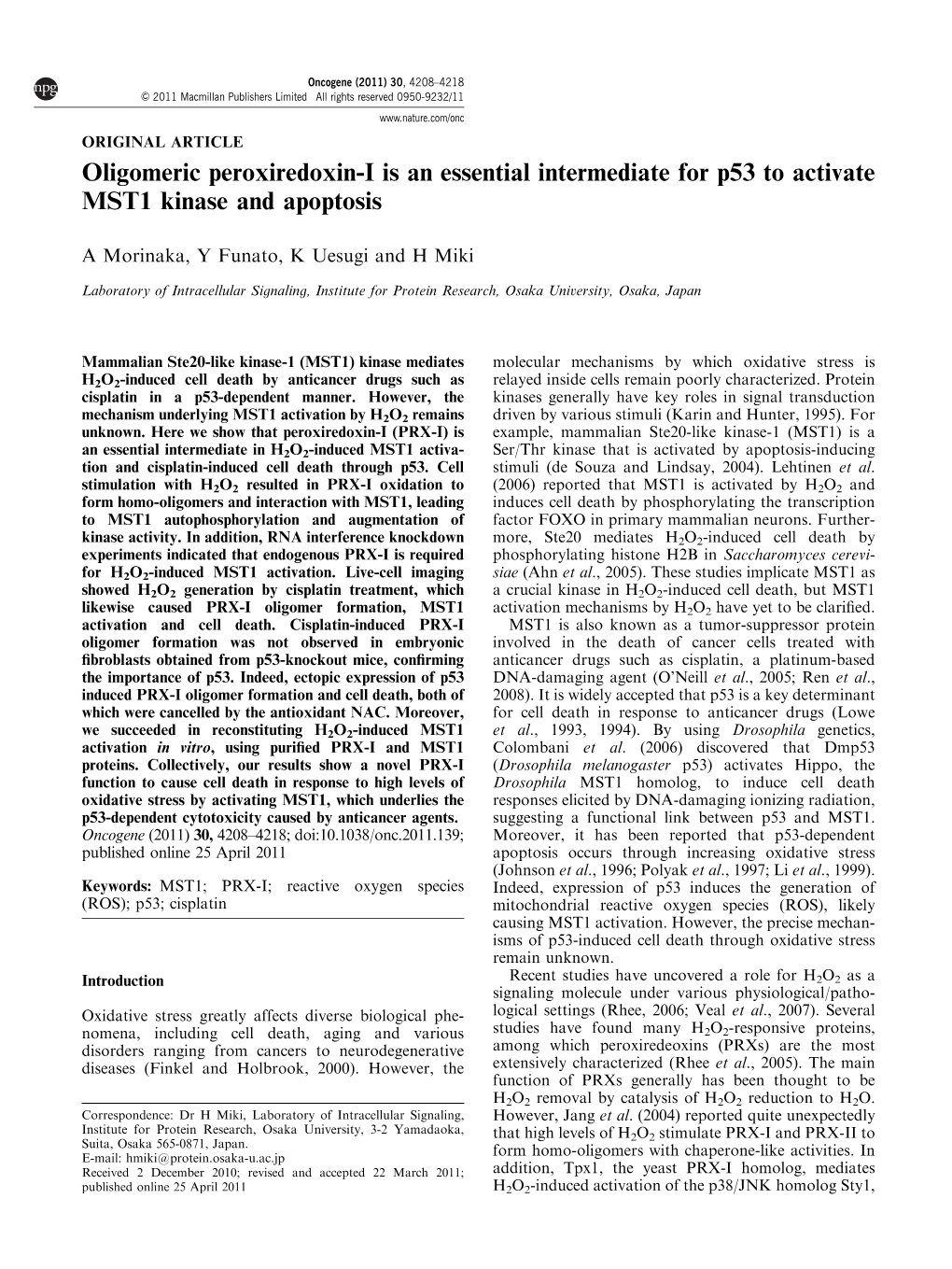 Oligomeric Peroxiredoxin-I Is an Essential Intermediate for P53 to Activate MST1 Kinase and Apoptosis