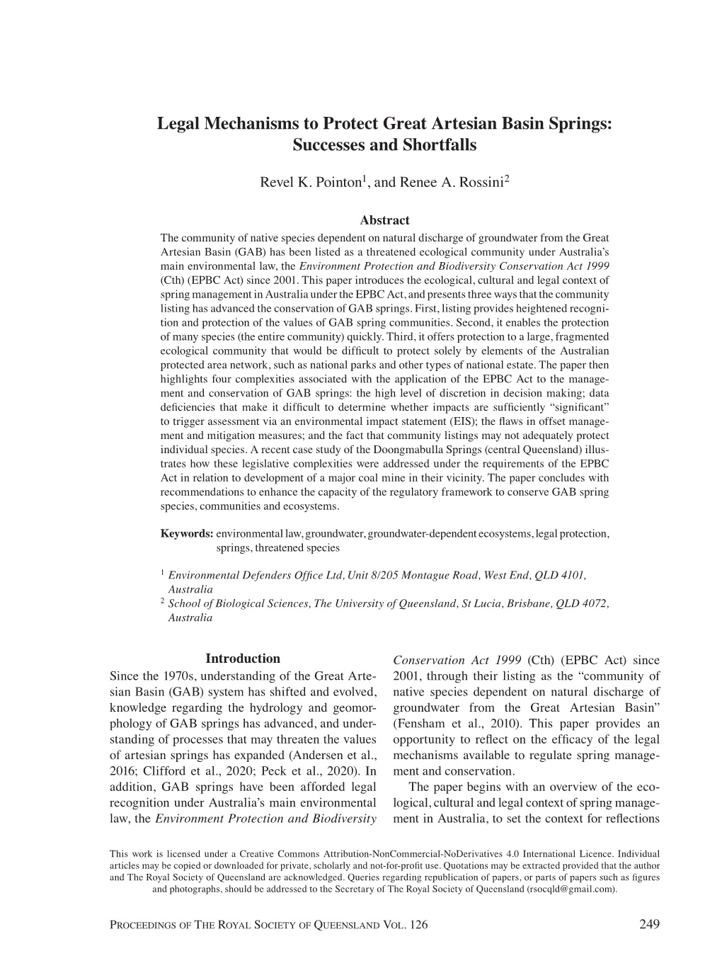 Legal Mechanisms to Protect Great Artesian Basin Springs: Successes and Shortfalls