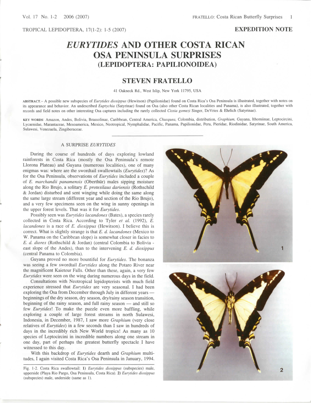 Eurytides and Other Costa Rican Osa Peninsula Surprises (Lepidoptera: Papilionoidea)