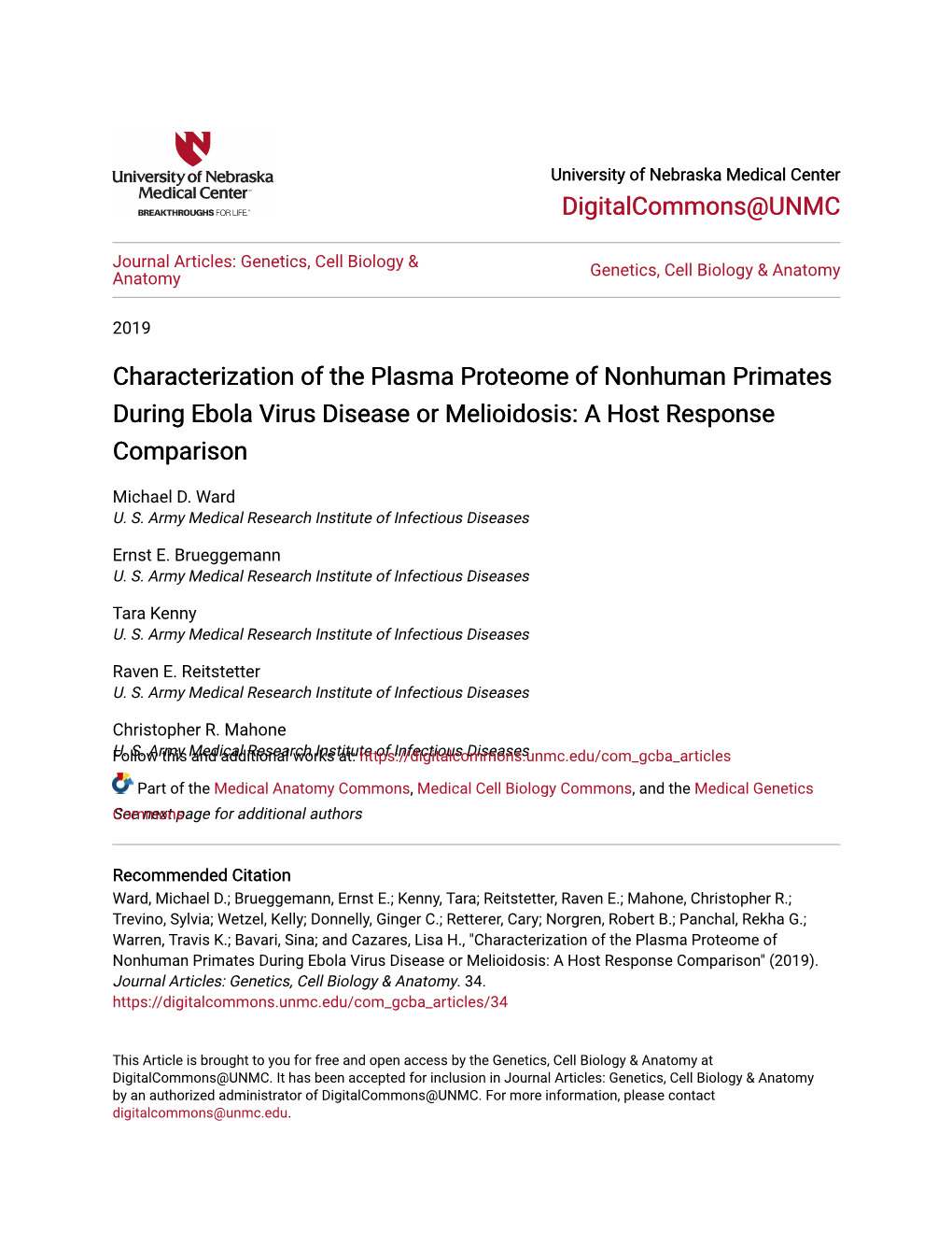 Characterization of the Plasma Proteome of Nonhuman Primates During Ebola Virus Disease Or Melioidosis: a Host Response Comparison