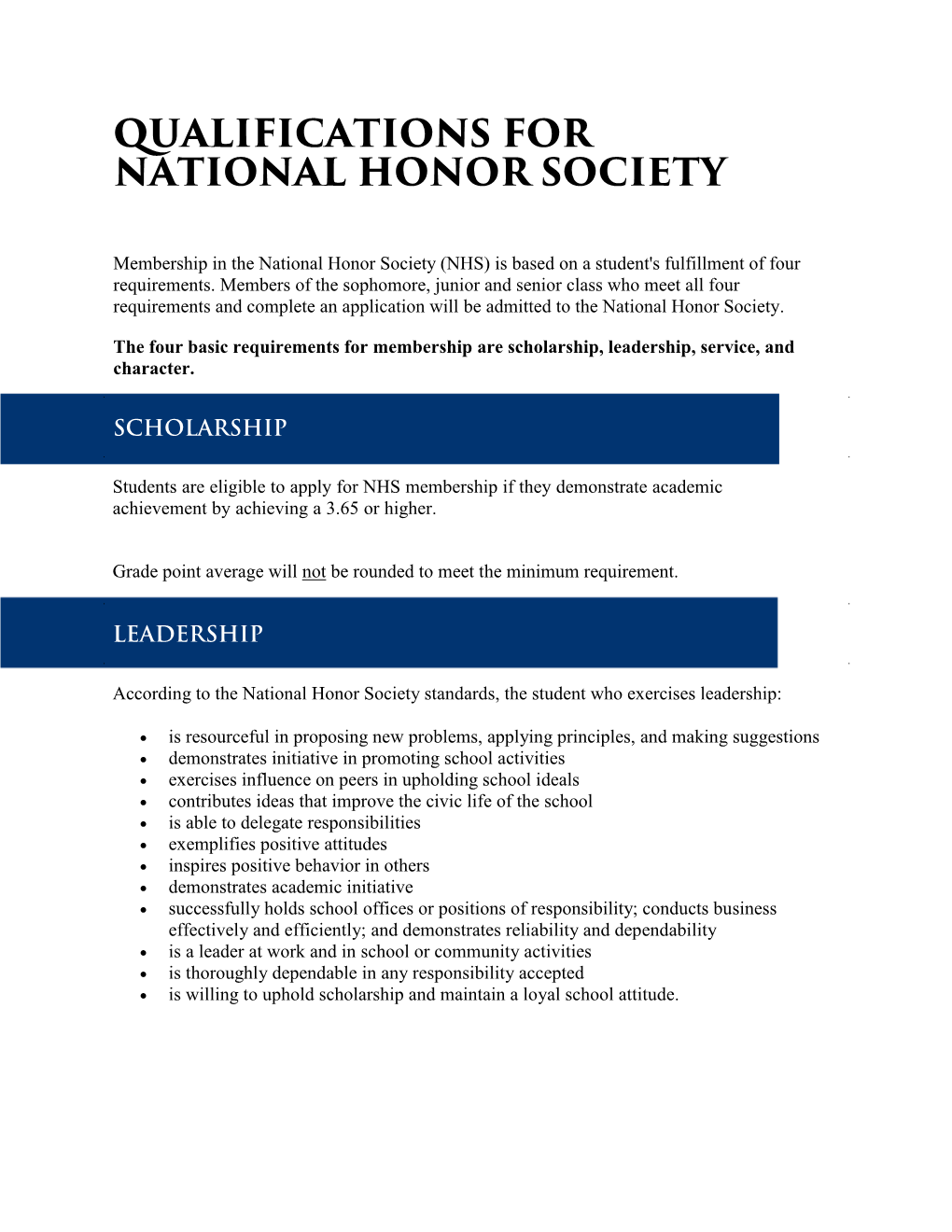 Qualifications for National Honor Society