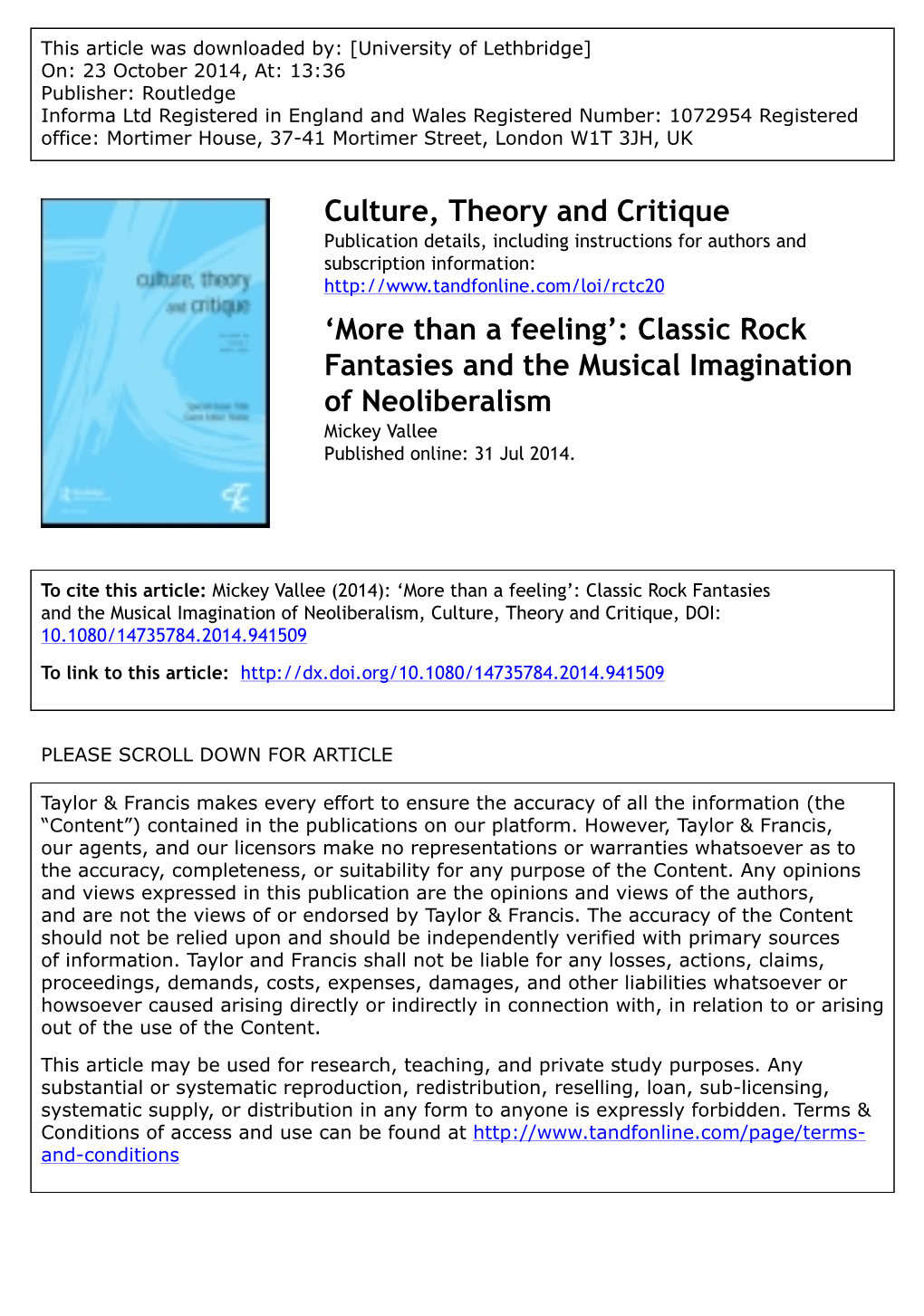 Classic Rock Fantasies and the Musical Imagination of Neoliberalism Mickey Vallee Published Online: 31 Jul 2014