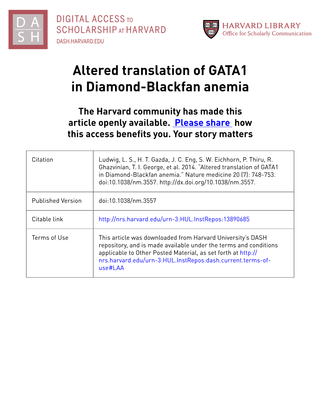 Altered Translation of GATA1 in Diamond-Blackfan Anemia