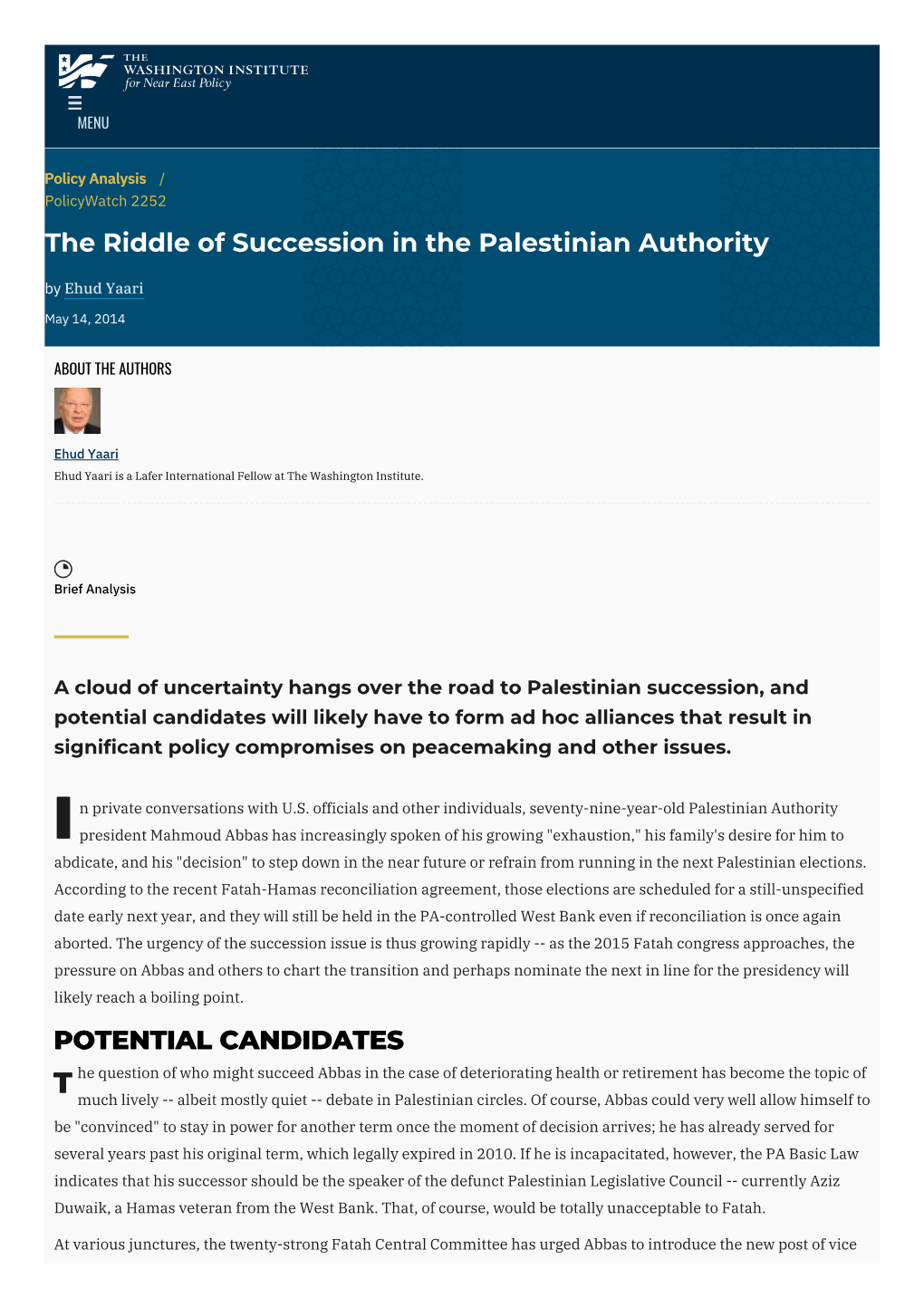 The Riddle of Succession in the Palestinian Authority | The