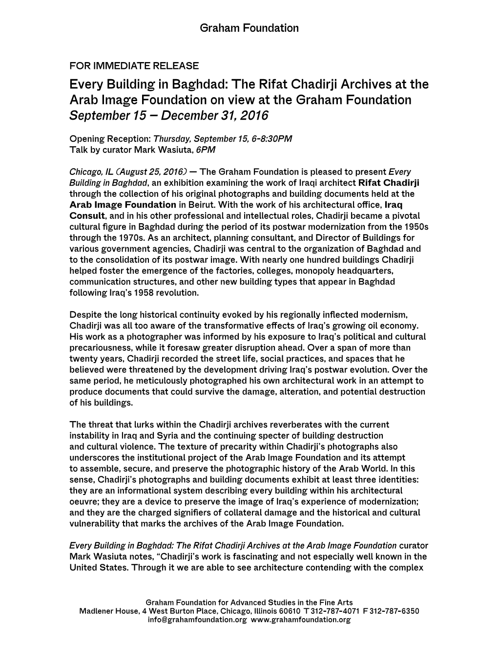 Every Building in Baghdad: the Rifat Chadirji Archives at the Arab Image Foundation on View at the Graham Foundation September 15 – December 31, 2016