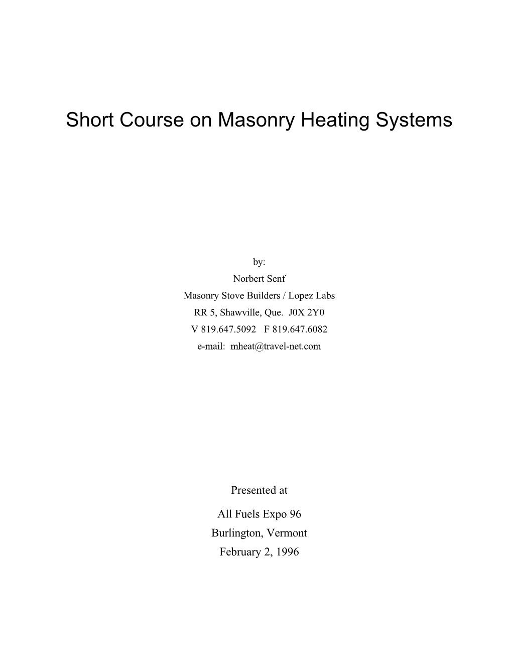 Short Course on Masonry Heating Systems