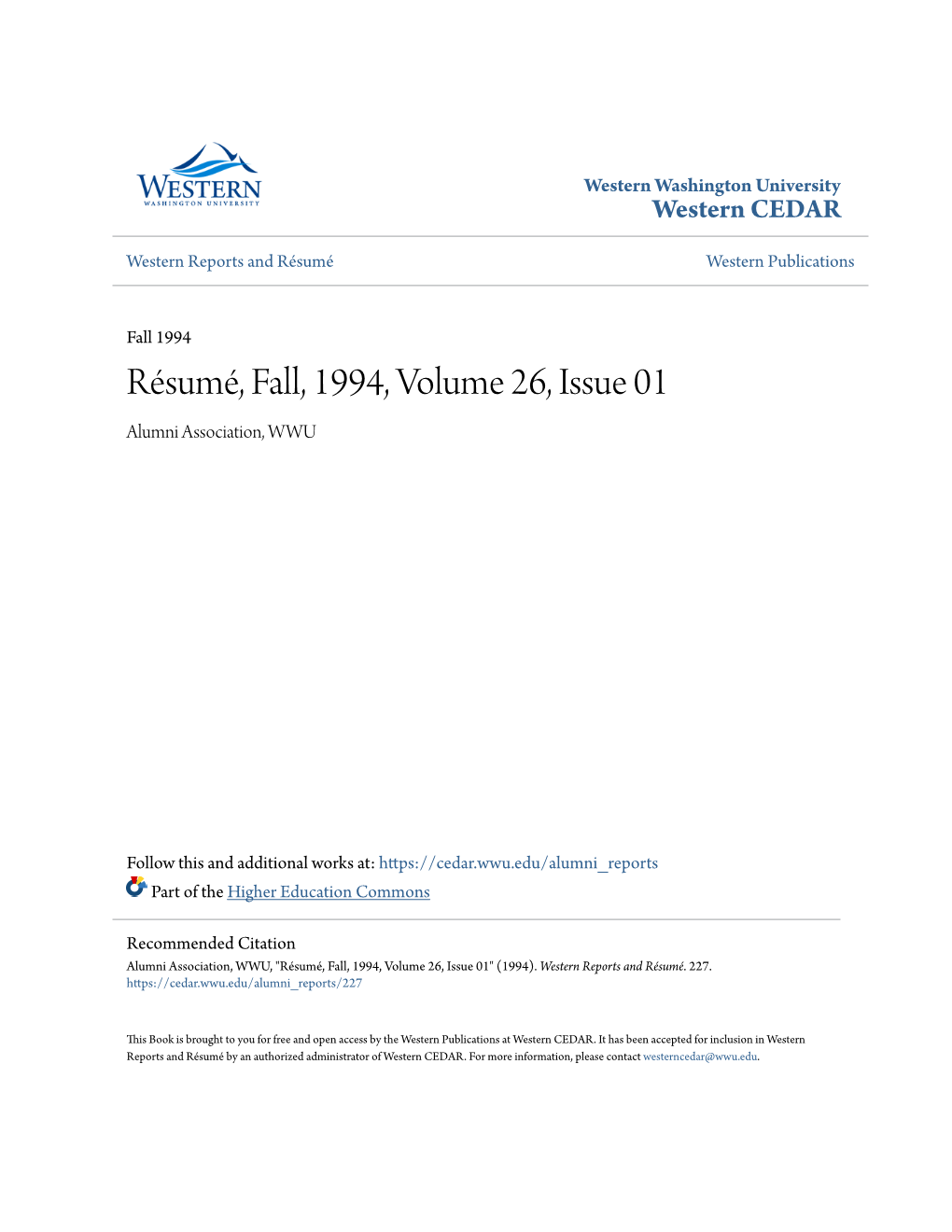Résumé, Fall, 1994, Volume 26, Issue 01 Alumni Association, WWU